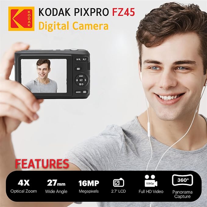 Kodak PIXPRO FZ45 Digital Camera + Point & Shoot Camera Case + Sandisk 128GB SDXC Memory Card