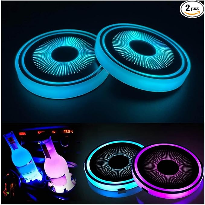 2PCS LED Car Cup Holder Lights, Light up Car Coasters for Cup Holders 7 Color-Changing Light Up Cup Holder Insert Coasters, Waterproof Car Accessories for Teens, Car Gifts for Men & Women