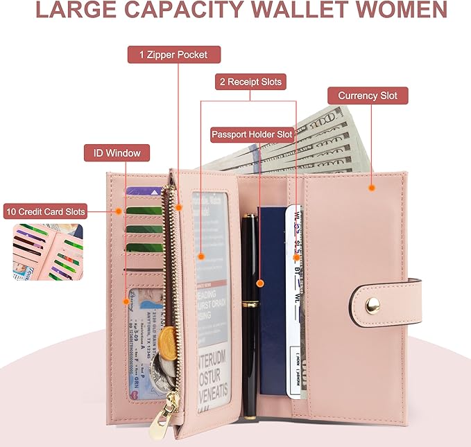 yiijay Womens Wallet RFID Blocking Leather Trifold Clutch Wallet Credit Card Holder Ladies Travel Wallet Purse with Pen Holder
