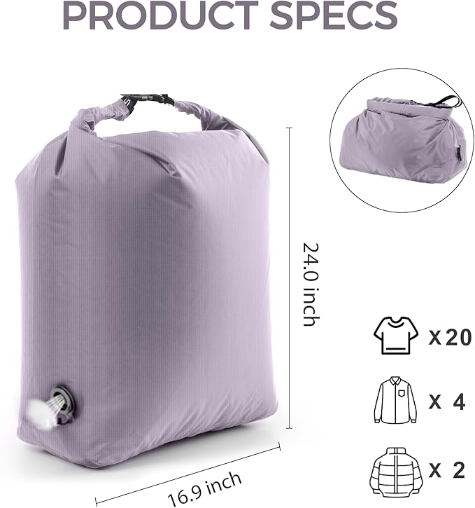 Travel Laundry Bag, Pump Free Vacuum Compression Dirty Clothes Bag Reusable Wet Dry Bags Large Capacity Space Saver Bags Camp Washable Clothes Organizer for Sports Dorm Laundromat (1 Pcs)(Purple, L）