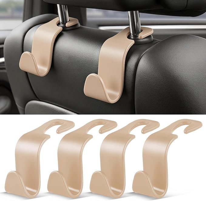 SINGARO 4 Pack Car Seat Headrest Hooks, Vehicle Back Seat Hanger Storage Organizer for Purse Handbag Backpack Coat Grocery, 360° Rotating Heavy Duty Holds 44lbs, Beige