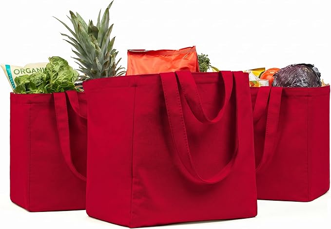VeraMia Canvas Grocery Bag 3pc XL Set with Real Pockets, Long Shoulder Strap and Short Handle. Heavy Duty, Foldable, Washable