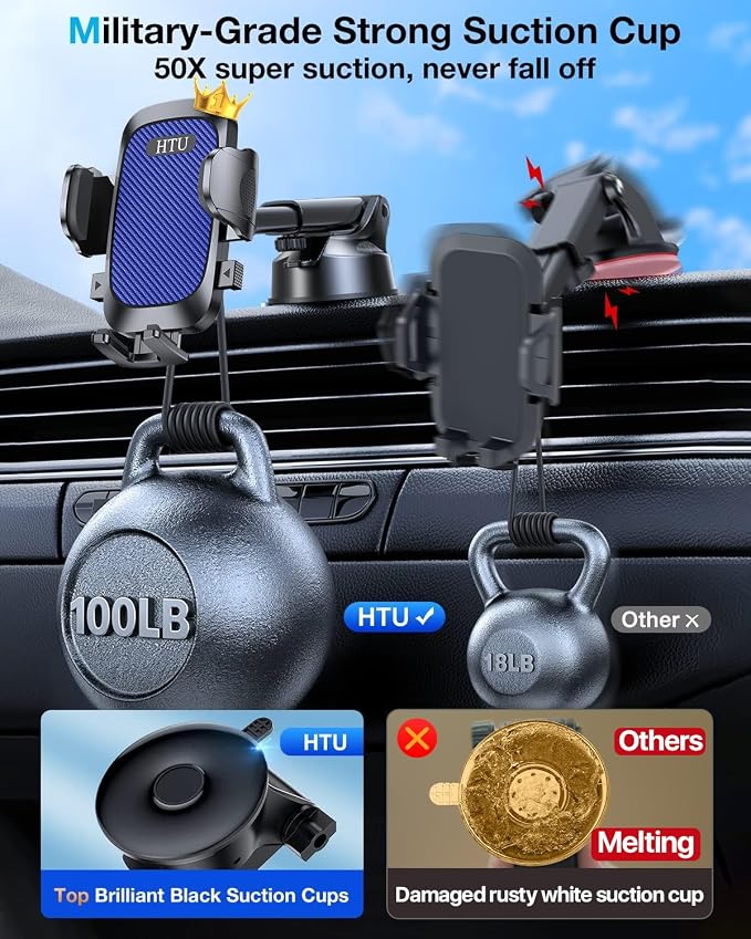 HTU Car Phone Holder【2026 Upgraded 100+LBS Suction & Safety Cert】 Cell Phone Car Mount for Truck Heavy Duty Phone Holder for Dashboard/Windshield/Vent for iPhone 17 16 Pro Max, Sapphire Blue