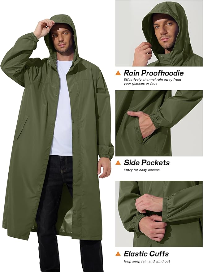 UIQUR Men's Rain Jacket Lightweight Long Raincoat Hood Rain Poncho Waterproof Windbreaker Cycling Running Hiking Packable