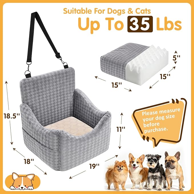 Topmart Dog Car Seat for Small Medium Dogs Under 35lbs, Memory Foam Safety Dog Booster Seat for Front & Back Seat, Cozy Pet Bed for Car with Safety Tether, Storage Pockets, Machine Washable Cover