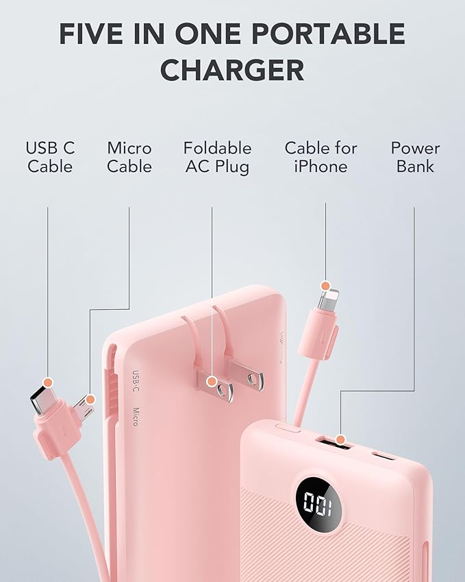 VRURC Portable Charger Built-in Cables and AC Wall Plug,USB C Power Bank 10000mAh, Travel Essentials Phone Charger Compact Lightweight External Battery Pack for Smart Phones, Tablets etc-Pink