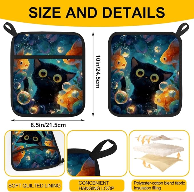Underwater Cat and Fishes Pot Holders with Pockets 2 PCS, Heat Resistant Oven Mitts Hot Pads for Kitchen Baking Cooking, Square Thick Pot Holders Kitchen Hot Potholders, 8.5x10 Inches