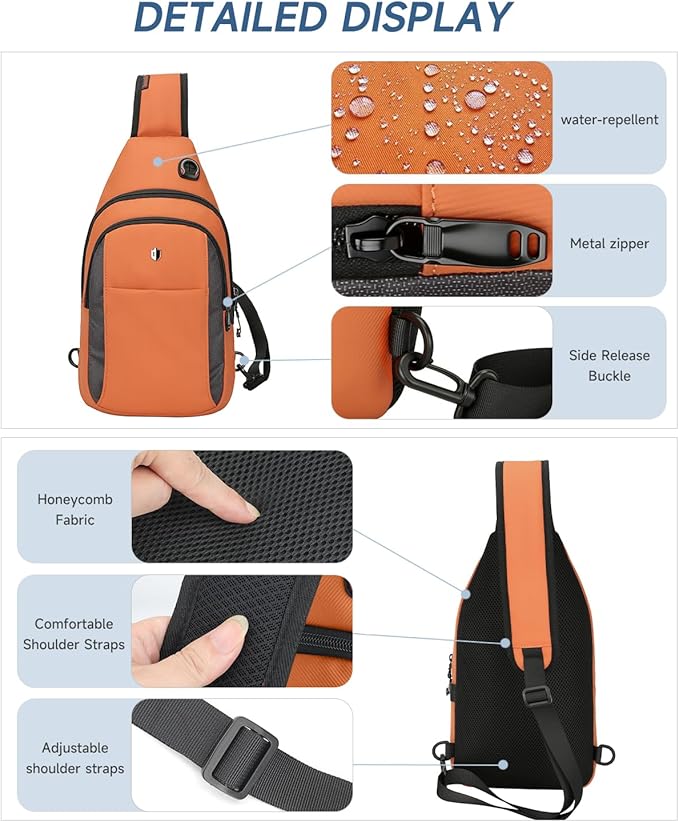 Anti-Theft Sling Bag for Women&Men, Water Resistant Crossbody Bag Mini Backpack, Lightweight Travel Hiking Chest Pack, Built-in Audio Port, Reversible Strap, Fits 11 inch iPad & Switch 2