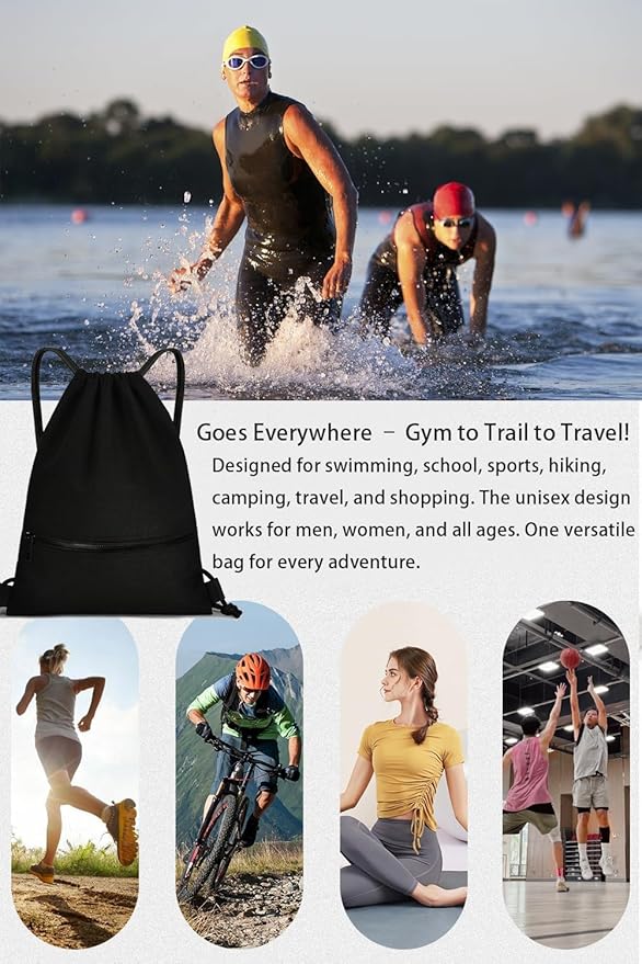 Water-Resistant String Bag for Women Men with Shoes Compartment and Zippered Pocket for Soccer, Basketball, Swim (Black, 16.5 * 19 inches)