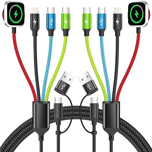 Dual Type-C Port 4 in 2 Multi Charging Cable for iWatch, Travel Essentials Charging Cords for Multiple Devices for iWatch Ultra/SE/11-2, iPhone 17-11, Galaxy S25-21, iPad (2PACK 5FT)