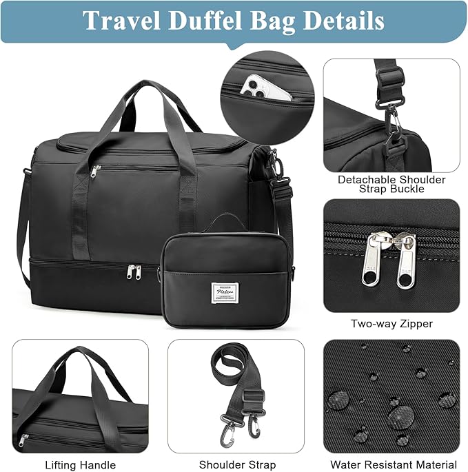 Large Travel Duffle Bag with Shoe Compartment, XL Weekender Bags for Women, Carry On Overnight Bags for Gym Sports & Business Trips, Water-Resistant Hospital Bag for Labor and Delivery,Black