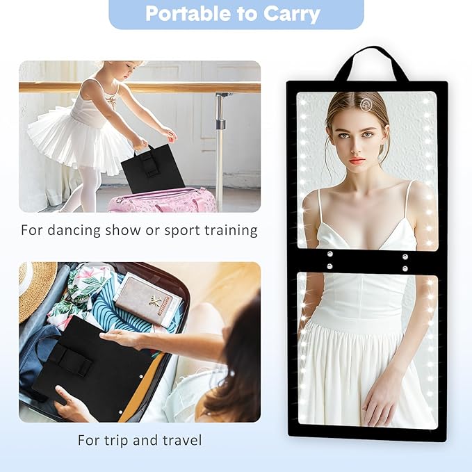 Fabuday Lighted Hanging Mirror for Dance Backstage - Rechargeable Folding LED Full Length Mirror with Lights for Dancers, Portable Foldable Travel Body Mirrors, Brightness Adjustable, Black