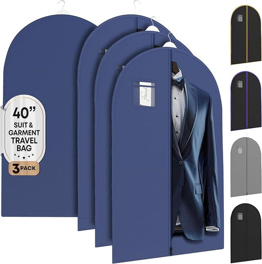 Your Bags Travel Garment Bag – Durable Zippered Single Suit Bag for Storage – Water-Resistant Clothes Cover - Hanging Garment Bags for Travel with ID Pocket – 40" x 24" - Blue (Pack of 3)