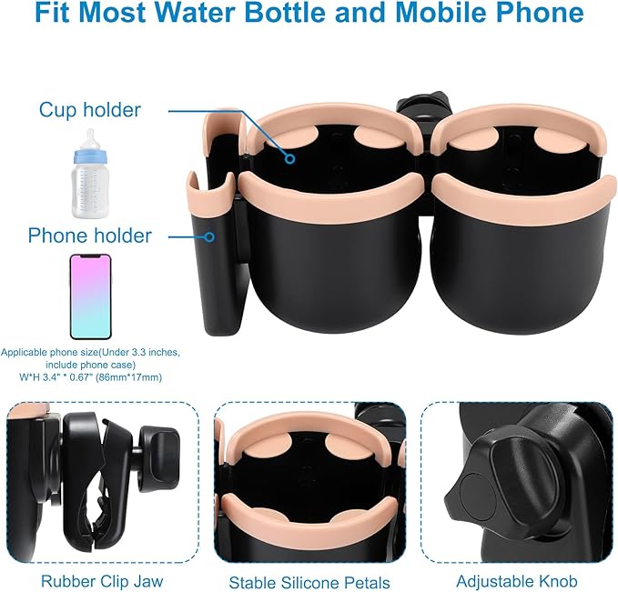 Accmor Stroller Cup Holder with Phone Holder, Bike Cup Holder, Universal Cup Holder for Uppababy Nuna Doona Strollers, 2-in-1 Cup Holder for Walker, Wheelchair, Scooter