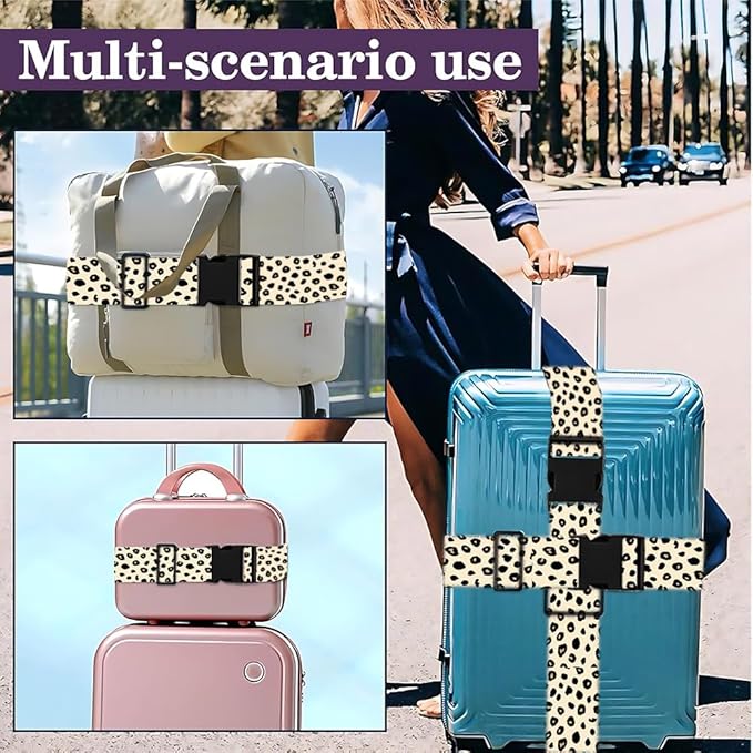 2 Pack Luggage Straps for Suitcases, Adjustable Travel Belt with Buckle, 2" Wide Heavy Duty Suitcase Straps for Summer Vacation, Trendy Leopard Print, Travel Essentials, Cream/Black, Multi