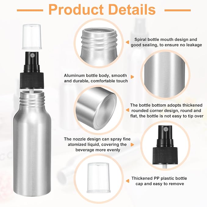 HARFINGTON 3pcs Aluminum Fine Mist Spray Bottles 60ml/2.03oz Metal Small Liquid Alcohol Refillable Travel Container with Black Plastic Nozzle Cap for Perfume Skincare Cosmetic Storage Bottle