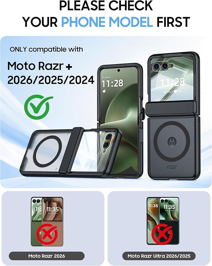 Magnetic for Motorola Razr+ Plus 2026,Razr+ 2025/2024 Case,Hinge Protection, Screen Protector, Compatible with MagSafe, Translucent Frosted, Shockproof Cover for Razr+ 2026/2025/2024-Black