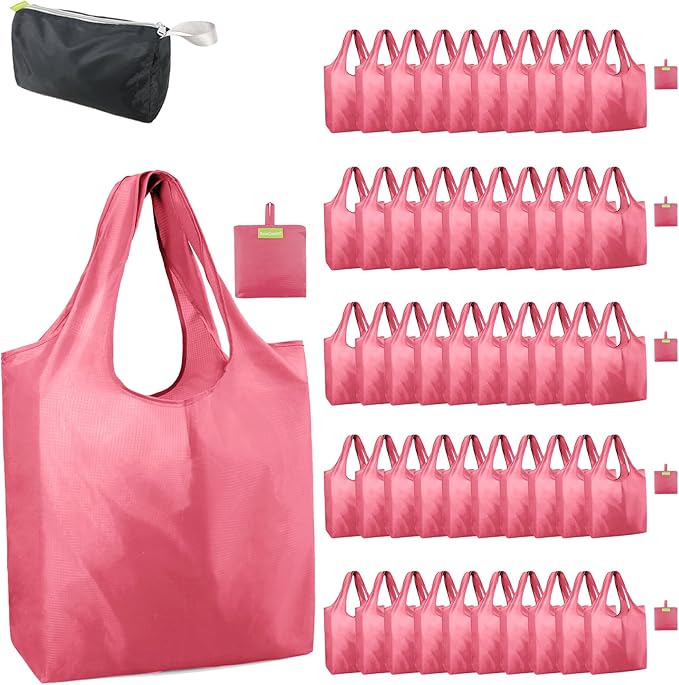 BeeGreen Pink Reusable Grocery Bags Wholesale Reusable Kitchen Bags Bulk Foldable-Machine Washable with Zipper Storage Pouch 50 Packs