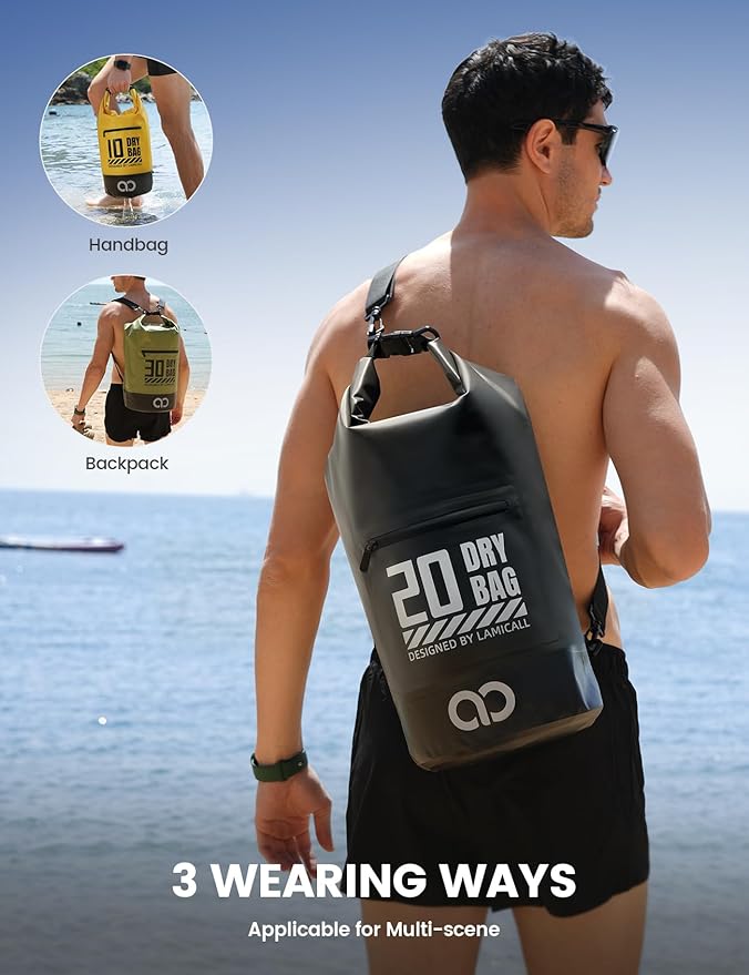 Lamicall Waterproof Dry Bag with Phone Pouch, Floating Roll Top Backpack, 10L, Black
