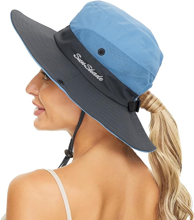 Women's Summer Sun-Hat Ponytail - Outdoor UV-Protection Mesh Wide Brim Foldable Hat with Ponytail Hole