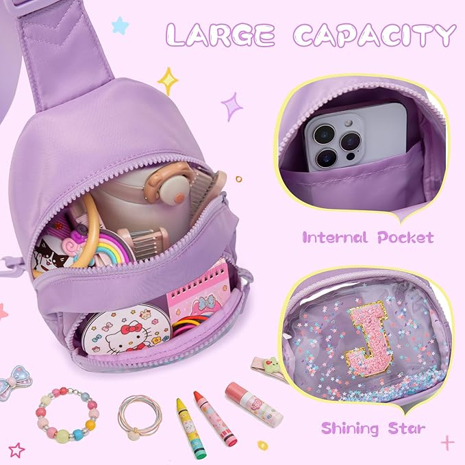 Viverte Birthday Gifts for Girls Small Clear Initial Sling Bag Crossbody Bag Purse Fanny Packs Personalized Monogrammed Gifts for Girls for Travel (Lavender-J)