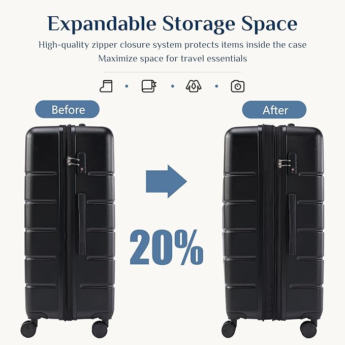 NEWBULIG 24 Inch Checked Luggage, ABS Hard Shell Lightweight Rolling Expandable Suitcase with Smooth Spinner Wheels and TSA Lock for Business Trips and Daily Vacations, Black
