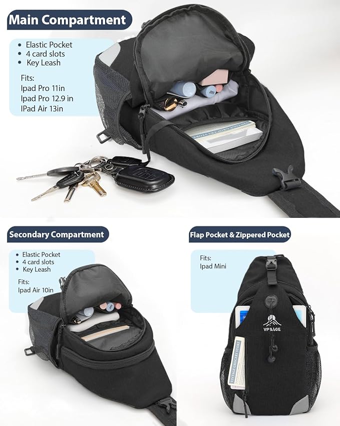 Sling Backpack for Women & Men, Crossbody Travel Bag with Water Bottle Holders, 17 Pockets, Quick-Access Phone Pocket, Hidden Security Pocket, Fits 11" Tablet, for Daily Carry, Travel, Theme Parks