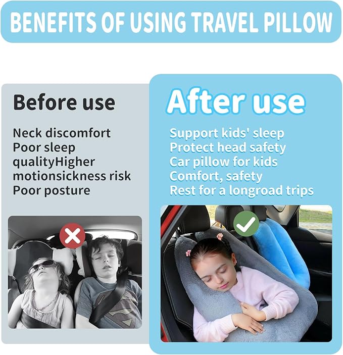 Travel Pillow，Car Pillow for Kids, Car Sleeping Pillow with Adjustable Strap, Car Travel Essentials, Road Trip Pillow for Head and Neck Support,Blue