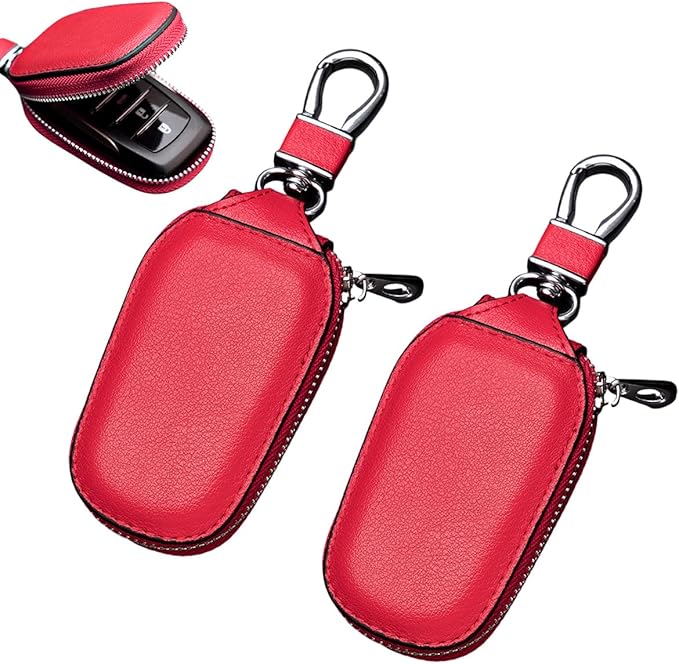 Yourkar 2 PCS Car Key Case, Genuine Leather Auto Key Fob Storage Bag, Key Chain Holder Key Ring Zipper Bag, Car Accessories (Red)
