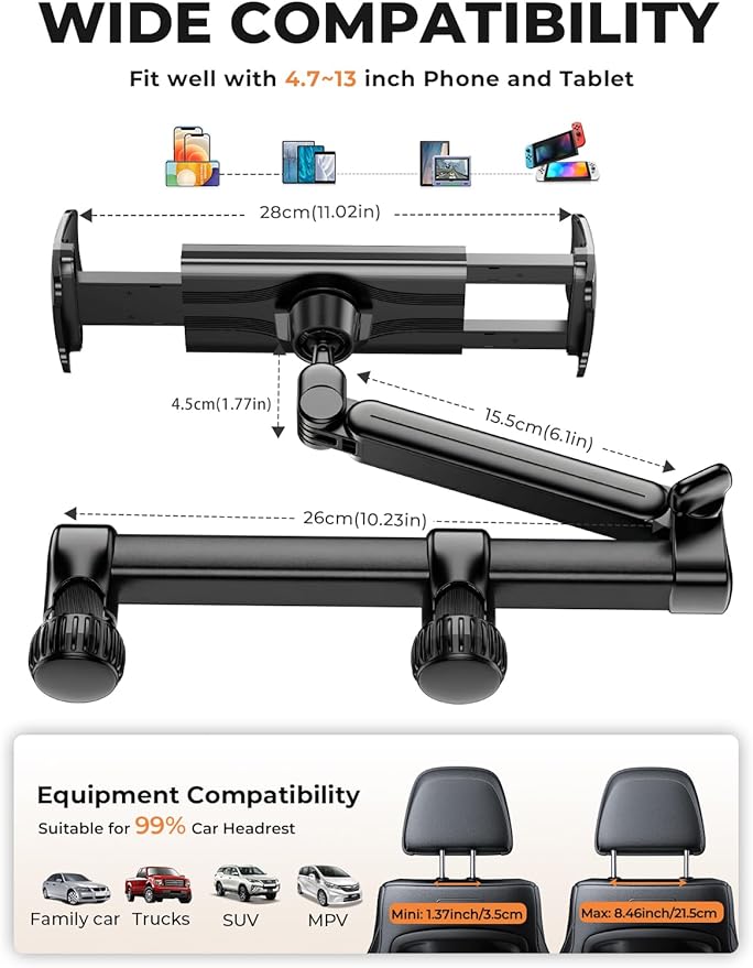 Tryone Headrest Tablet Holder for Car Accessories : [18.11-inch Long Arm] 3-in-1 Backseat Tablet Holder for Kids Road Trip Compatible with iPad Switch Smartphones & Tablets or Other 4.7-13" Devices