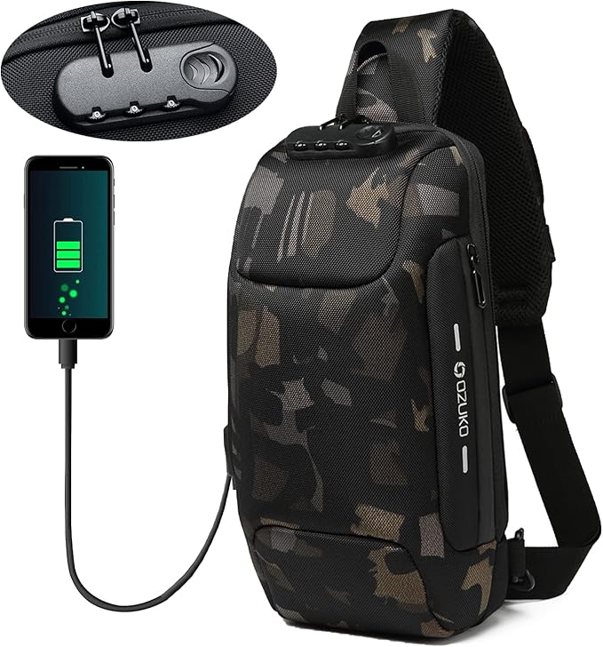 OZUKO Men Sling Backpack Nylon Water Resistant Shoulder Chest Crossbody Sling Bag with USB Charging Port Black (Camouflage)