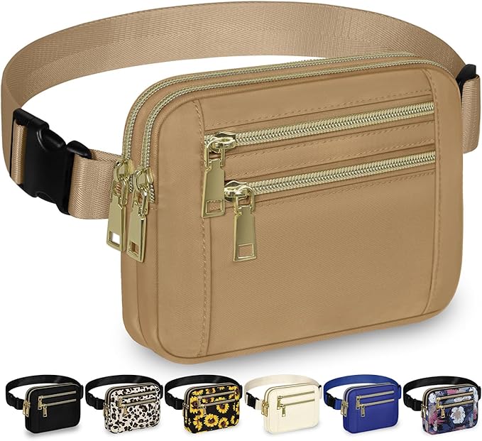 Capolo Fanny Packs for Women Fashion Waist Packs Bag with Adjustable Strap and 4 Zipper Pockets Waterproof Everywhere Crossbody Belt Bag for Workout Running Travelling(Khaki, Large)