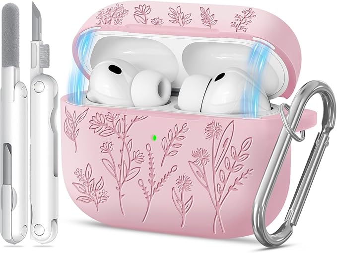 for Airpods Pro 3 Case with Magnetic Lid, Flower Engraved Cases for Apple AirPods Pro 3rd Generation 2025, Soft Silicone Cover for Women Girly with Cleaner & Keychain, Shockproof