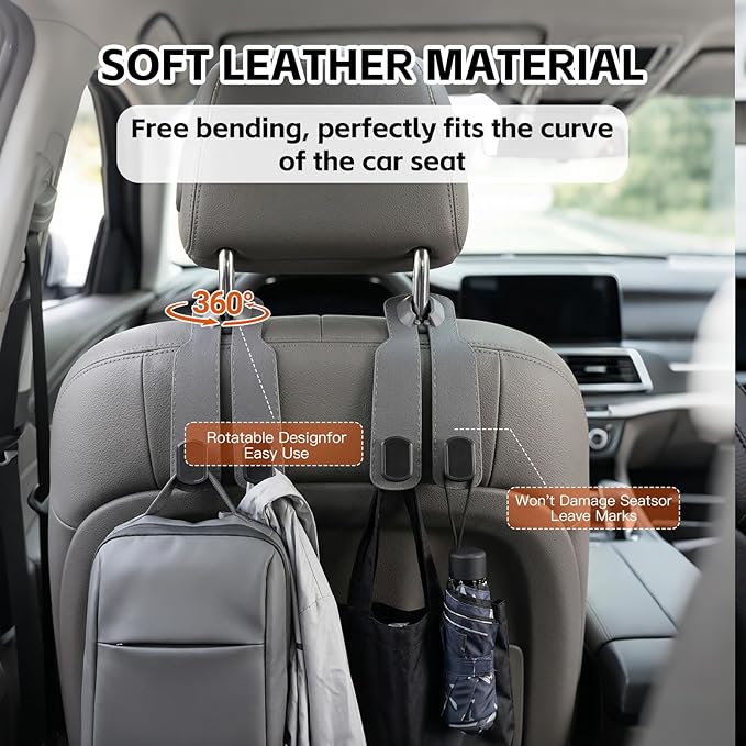 Car Seat Headrest Hooks for Purses and Bags, 4-Pack Heavy Duty Car Seat Hooks with Anti-Slip Pad, Universal Car Backseat Organizer Hanger Accessories for Grocery Bags (Grey)