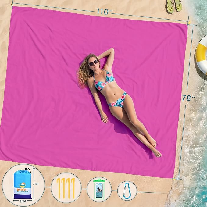 BYDOLL Beach Blanket Waterproof Sandproof Large Sand Free,78''X81''/10'X9' Oversized Sandless Lightweight Blanket Picnic Mat for Beach Travel Camping Hiking with Stakes
