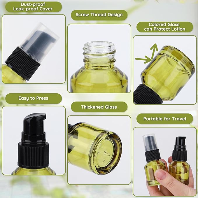 Segbeauty 6pcs 0.5oz Glass Travel Size Containers for Lotions, Mini Empty Lotion Bottles Pump Dispenser Refillable, 15ml Travel Containers for Creams, Small Hair Oil Pump Bottle Liquids Foundation