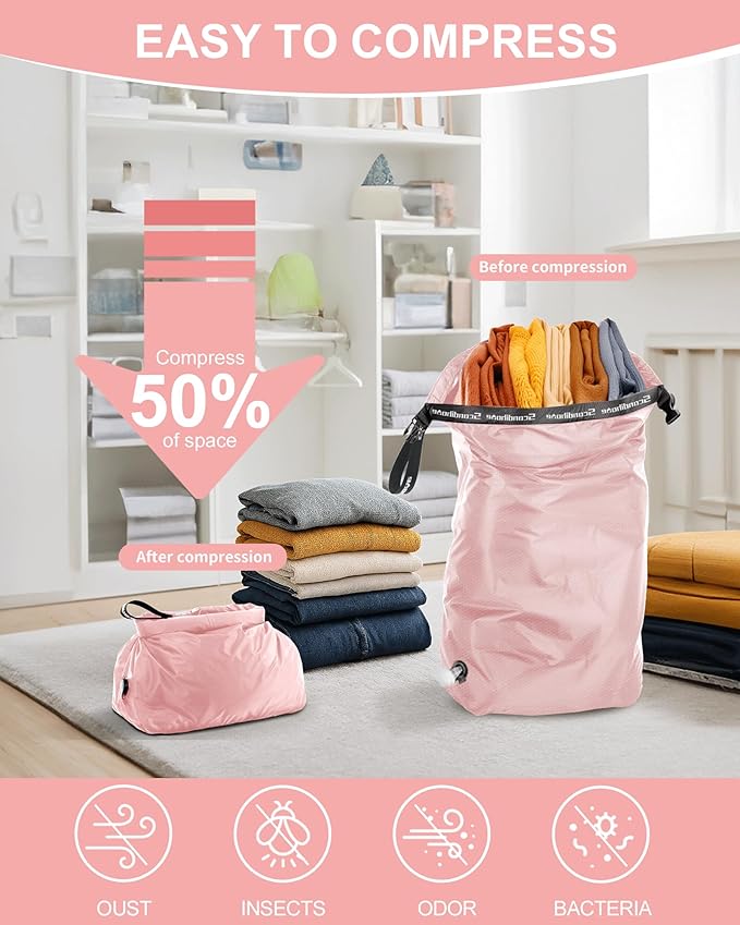 Travel Compression Laundry Bag, Pump-Free Vacuum Space Saver Bag for Dirty Clothes, Reusable Waterproof Wet Dry Bag, Travel Laundry Bag for Luggage, Packing, Suitcase (1 Pcs)（Pink, L)