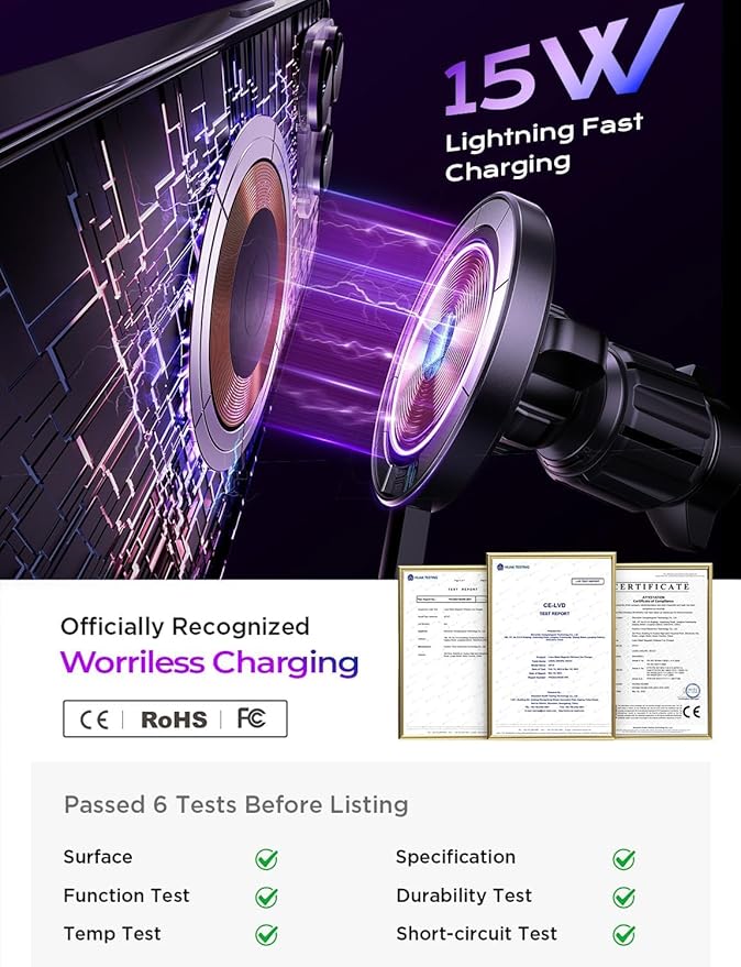 LISEN 15W MagSafe Car Mount Charger,[Carbon Fiber] Magnetic Wireless Car Charger, Dashboard & Air Vent Car Phone Mounts, Magnetic Phone Holder for Car Mount for iPhone 17/16/15/14/13/12, Samsung Pixel