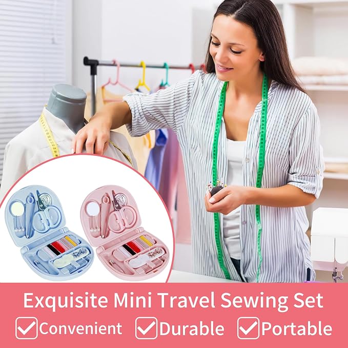2 Pcs Mini Travel Sewing Kit,Handheld Sewing Machine Professional Portable Needle and Thread Kit Purse Mini Essentials Materials with Scissors,Threads,Needles(Soft Pink,Soft Blue)