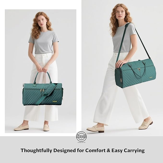 STOVER Women’s Convertible Garment Duffel Bag for Travel – 2-in-1 Carry-On Weekender/Overnight Tote - Wrinkle-Free Dresses, Suits & Clothes + Shoe Compartment & Bonus Toiletry Bag (Emerald Green)
