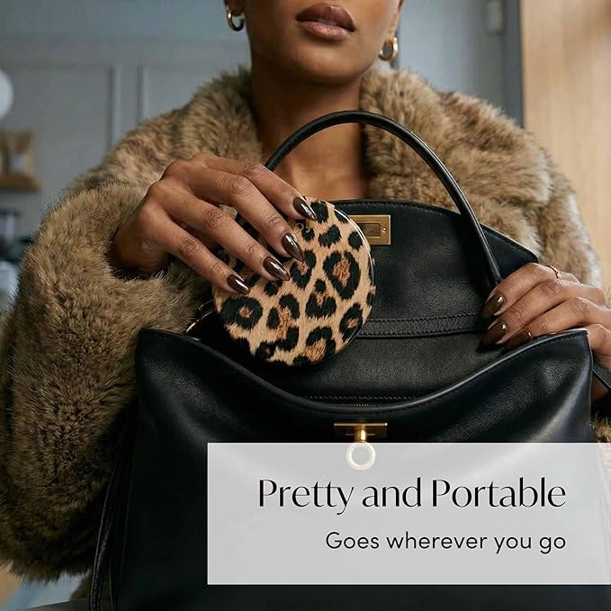 Fancii Mini Taylor Compact Magnifying Mirror with LED Light, 10x/1x, Rechargeable, 3 Light Settings, Dimmable-Small Lighted Travel Handheld Mirror for Pocket, Handbag, Purse, 2-Sided (Cheetah Chic)