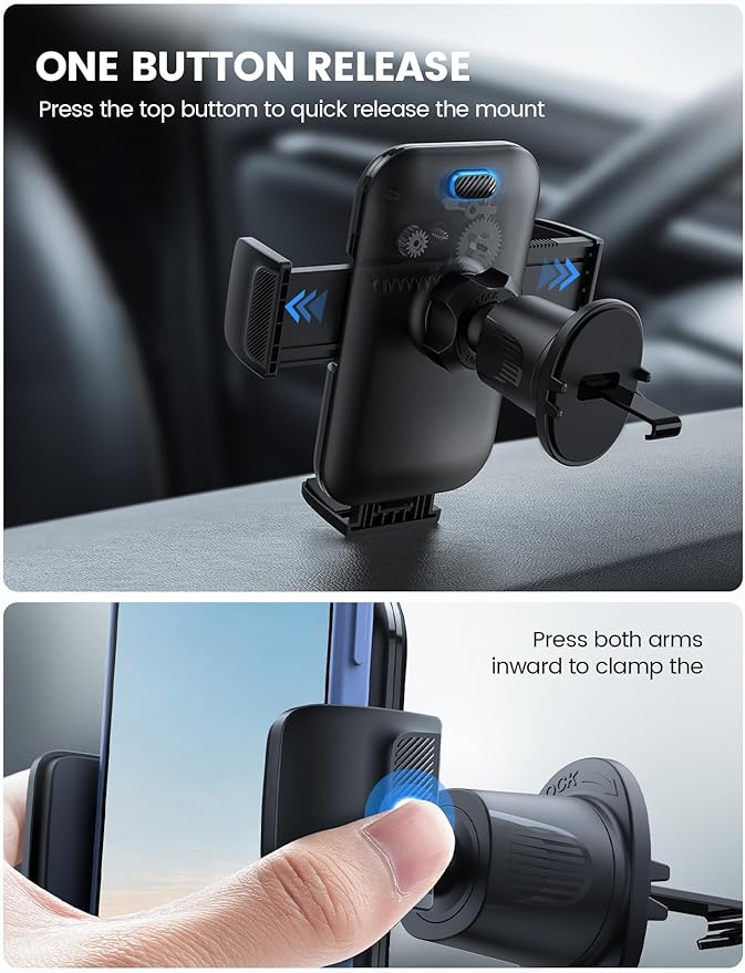 Lamicall 2026 Wider Clamp & Metal Hook Car Phone Holder Vent [Thick Cases Friendly] Phone Holders for Your Car Camera Mounts Automobile Hands Free Cradle Air Vent for iPhone 17 16 15 Pro Max Dark Grey