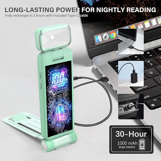 KTEBO Rechargeable Book Light with Clip & Battery Indicator, 9 Luminescence Modes, USB-C Portable 1.6 oz Ultralight Lamp for Night Reading in Bed, Readers - Green