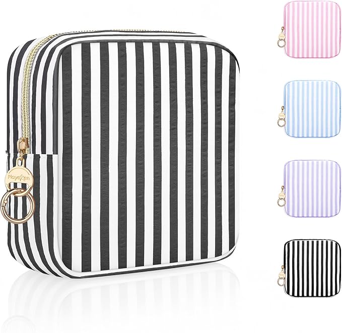 Stripes Period Bag, Small Period Pouches for Teen Girls, Quilted Sanitary Napkin Storage Bag, Compact Discreet Pad and Tampon Holder for Purse (Large Stripes-Black)