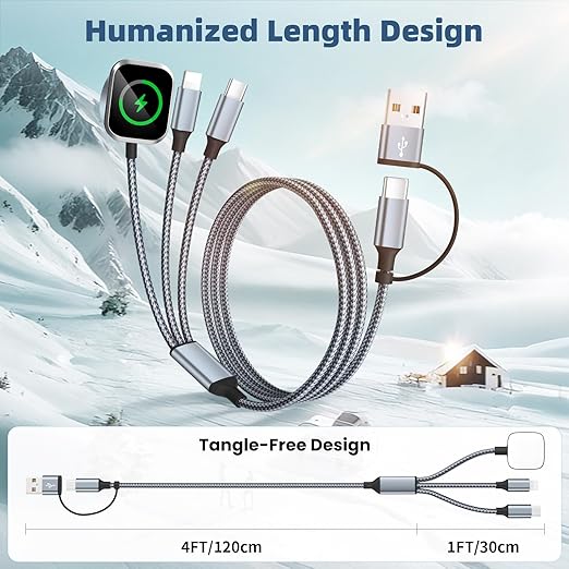3 in 2 Multi Charging Cable for iWatch Charger/IP/USB C, Travel Cruise Essentials for Car Charger,5FT Nylon Charger Cord USB C/A Phone Charger for iWatch Series/iPhone 17-11/iPad,Home/Office/Car Use