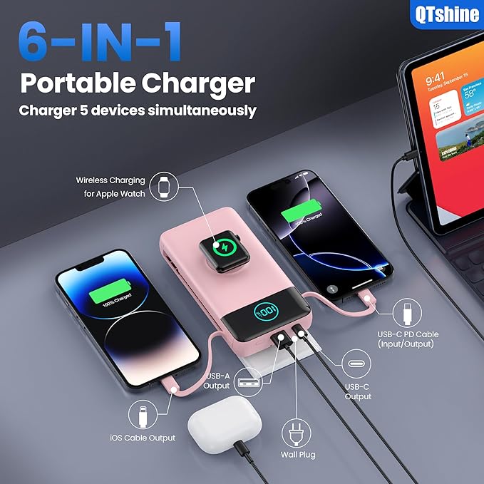 Portable Charger for iPhone, 40800mAh Power Bank with Built-in Cables & AC Wall Plug, 5 Outputs USB C Fast Charging External Battery Pack for iPhone 17/16/15/14, Android, Travel Essential (Pink)