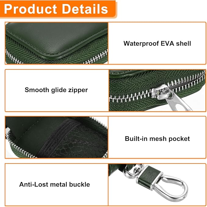 HARFINGTON Earbuds Cases, Earphone Case Holder, PU Leather Ear Buds Case Zipper Organizer Small with Mesh Pocket for USB Cable, Wireless Wired Earphones, Green
