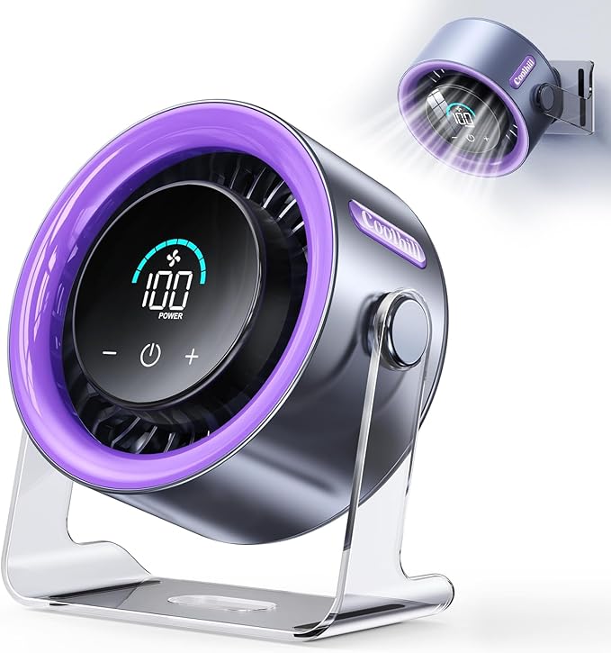 USB Desk Fan for Bedroom: 100 Speeds Digital Display Quiet Portable Fan with Turbo Airflow, 120° Rotating Small Rechargeable Battery Desktop & Wall-Mounted Fans for Bedroom Home Office