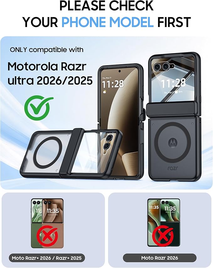 Magnetic for Motorola Razr Ultra 2026/2025 Case,Hinge Protection, Screen Protector, Compatible with MagSafe, Translucent Frosted, Shockproof Slim Cover for Razr Ultra 2026/2025-Black