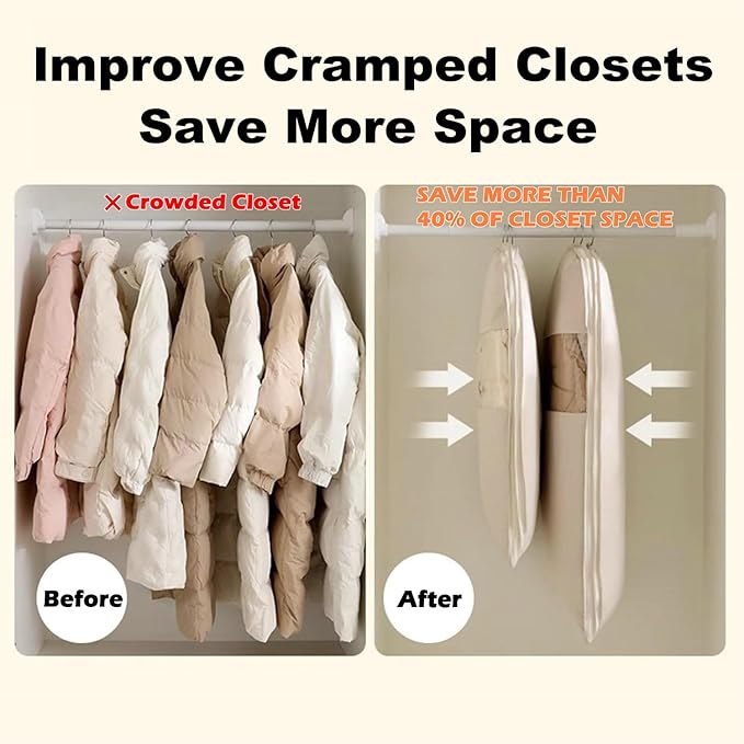 Space Saving Hanging Garment Bag with Self Compression Zipper, New Update Space Saver Clothes Storage Organizer, Dust Cover Clothes Bags for Down Coat Suit Dress or Jacket (Beige, L, 2PCS)